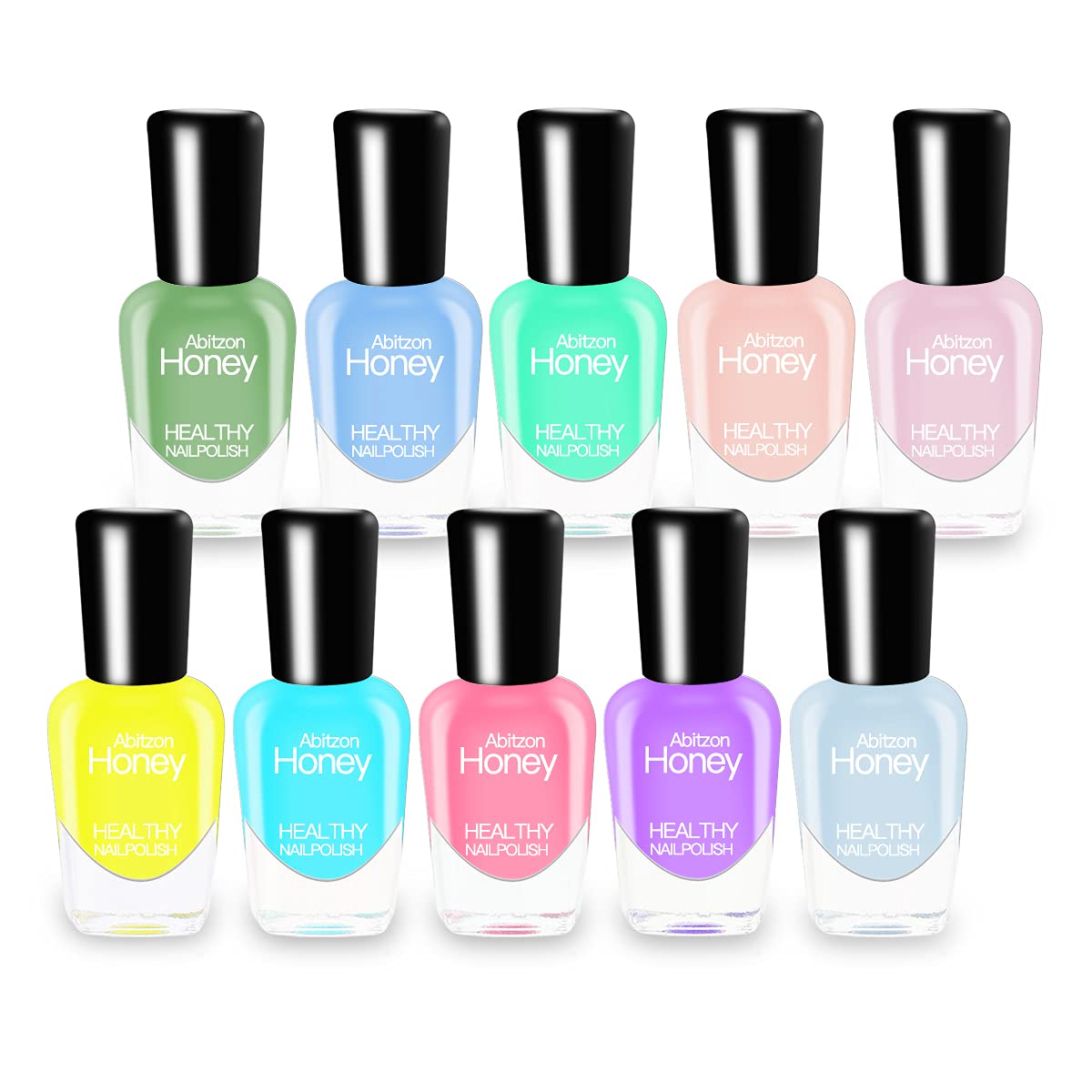 Abitzon nail polish set packaging with eco friendly branding and color options.