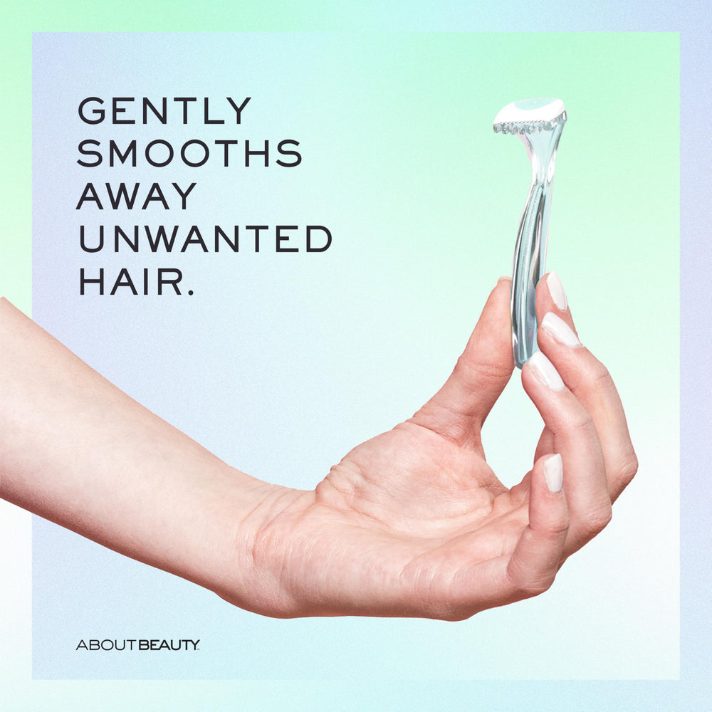 About Face bikini razor with aloe pad demonstrates soothing comfort during shaving.
