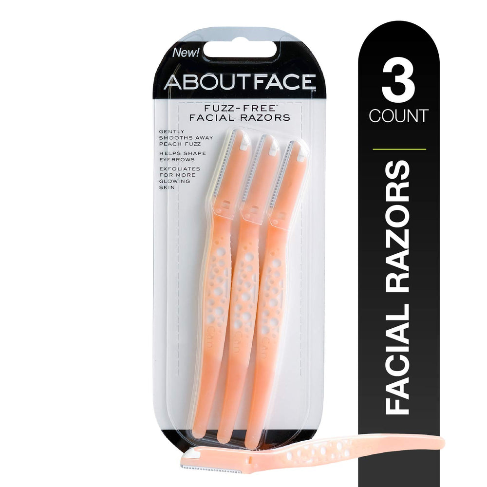 About Face Fuzz-Free Razors pack for at-home dermaplaning and brow shaping.