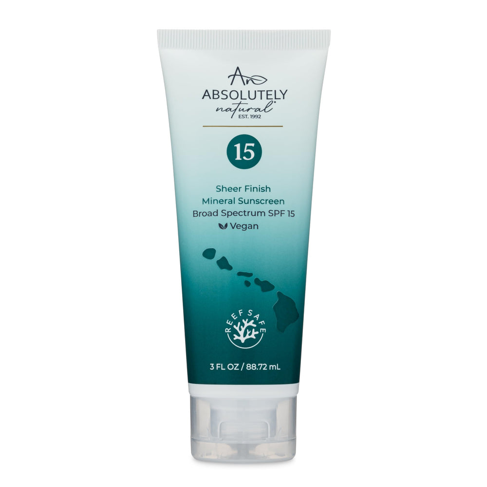 Absolutely Natural SPF15 sunscreen bottle provides mineral protection for daily use.