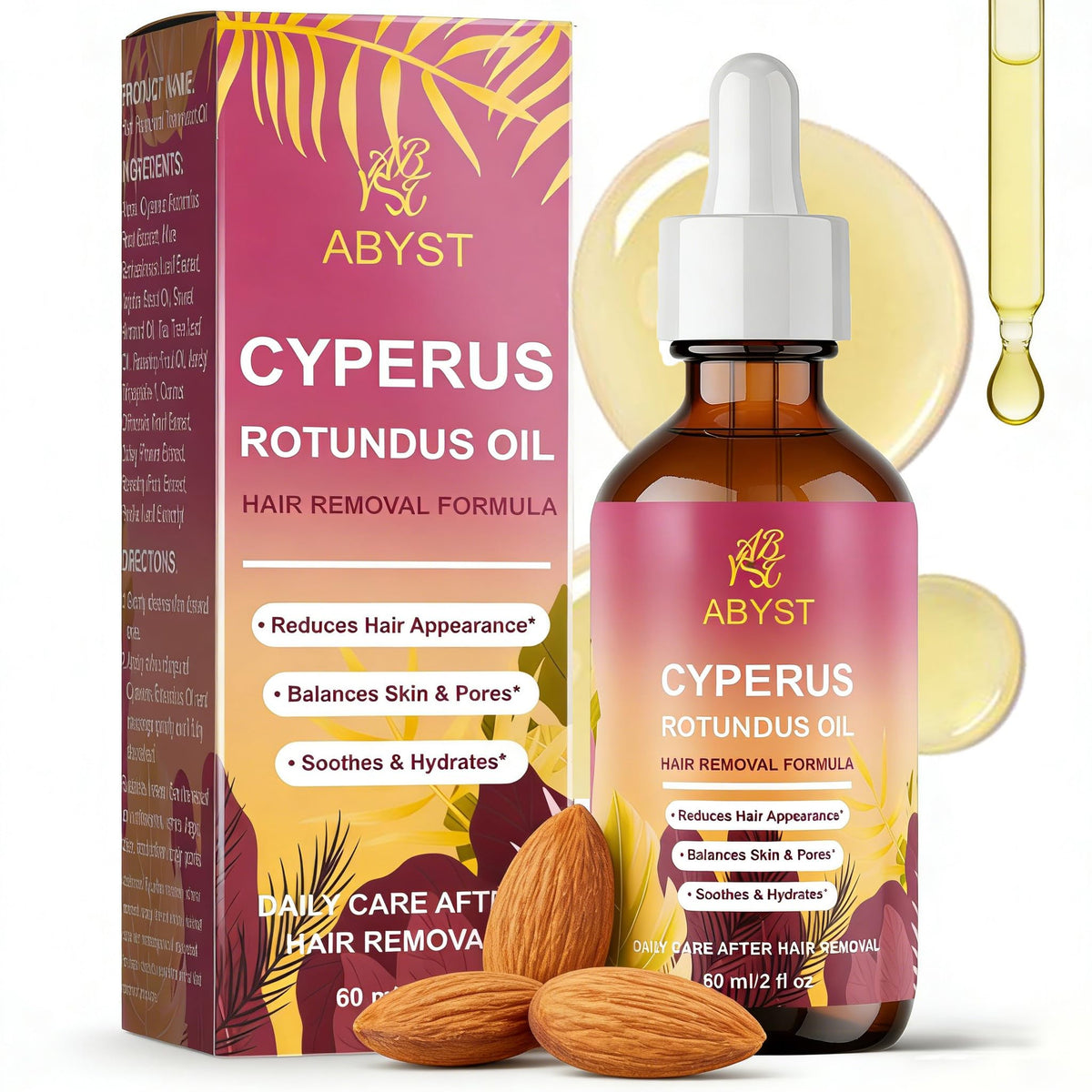 ABYST aceite Cyperus Rotundus en botella de 60 ml para suavizar la piel tras depilación.