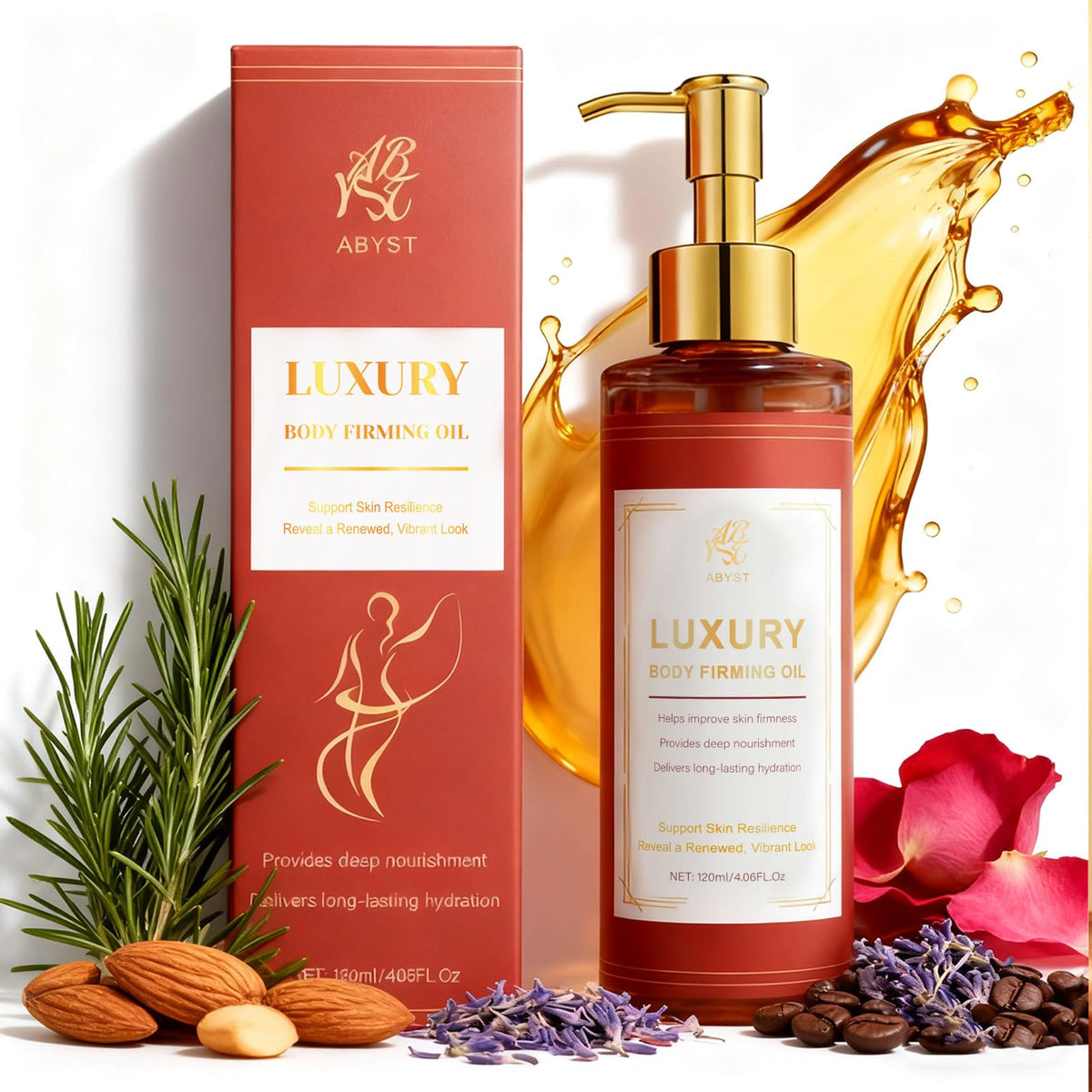 ABYST Body Firming Oil bottle pour shows luxurious hydration and potential tightening.