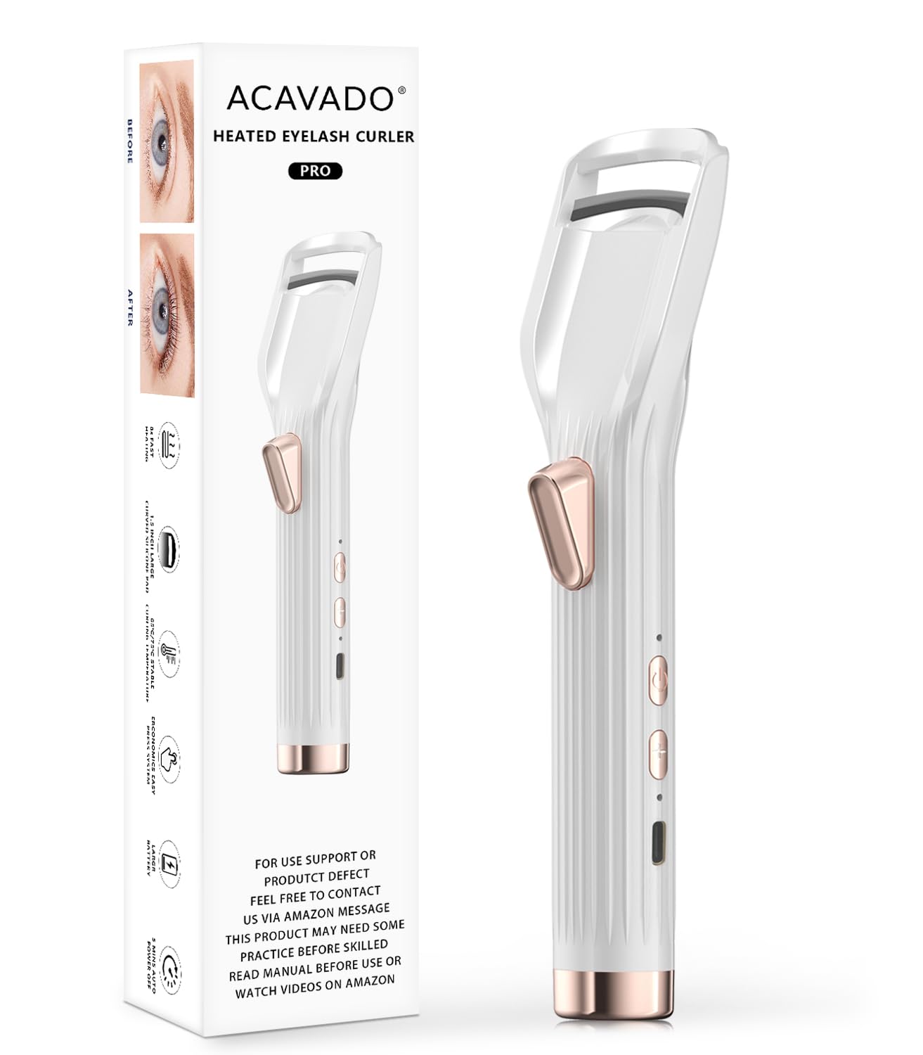 Acavado heated eyelash curler angled view for precise, safe curling.