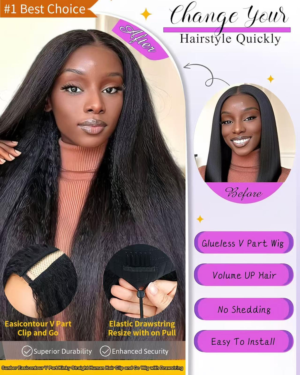 Acbhoa 22inch V-Part Wig V-part area close-up for undetectable scalp blending.
