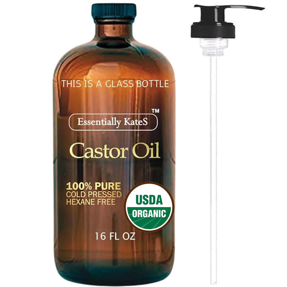 Aceite de ricino Essentially KateS en frasco de vidrio ámbar para cuidado de piel y cabello.