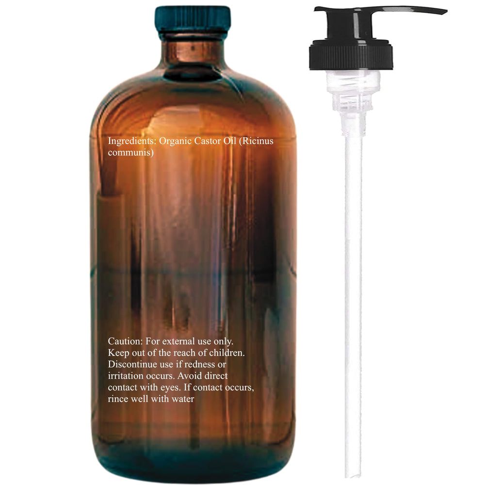 Aceite de ricino orgánico USDA Essentially KateS en envase de vidrio, embotellado en lote pequeño.