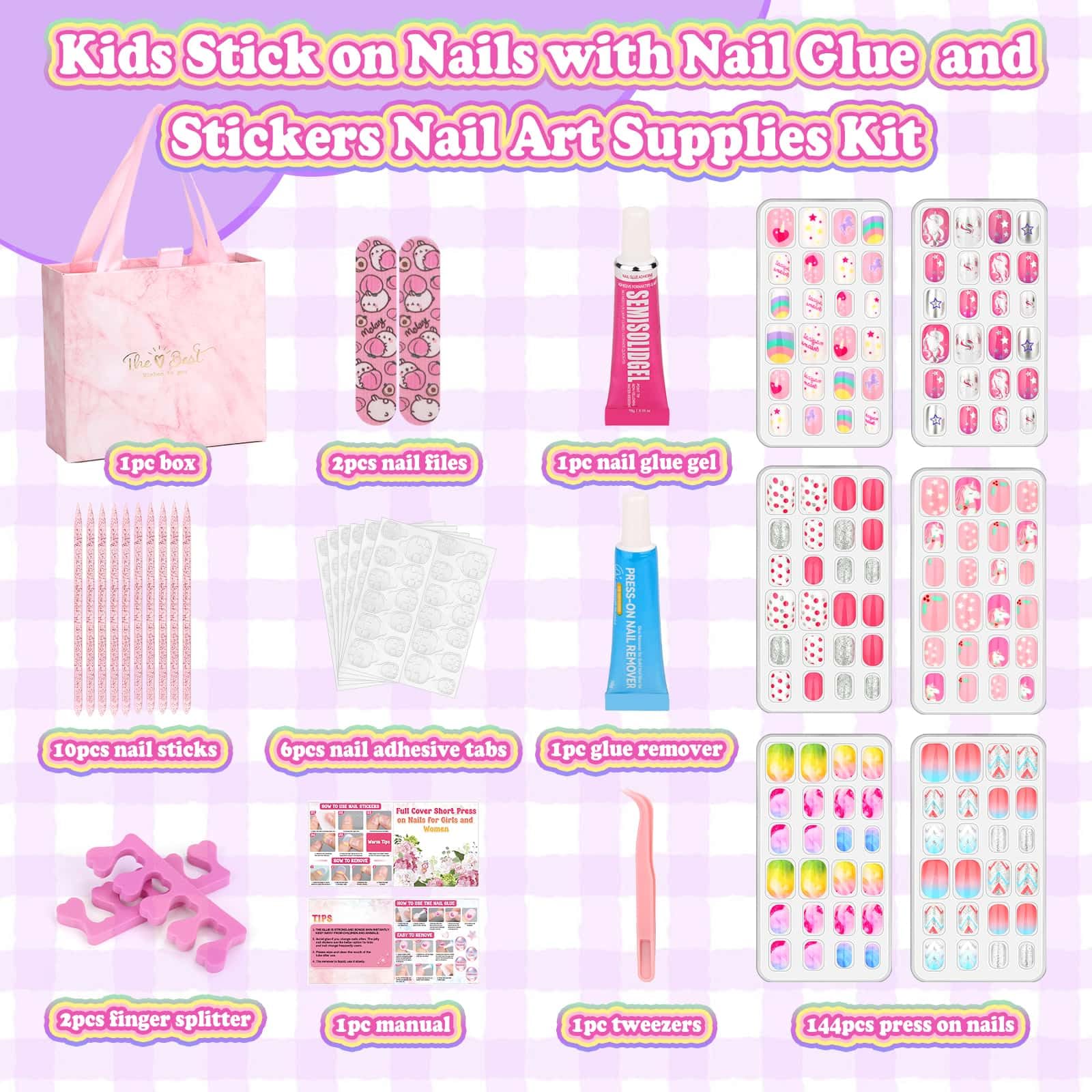 Acejoz colección de 144 piezas, estilos variados para uñas infantiles con diseños divertidos