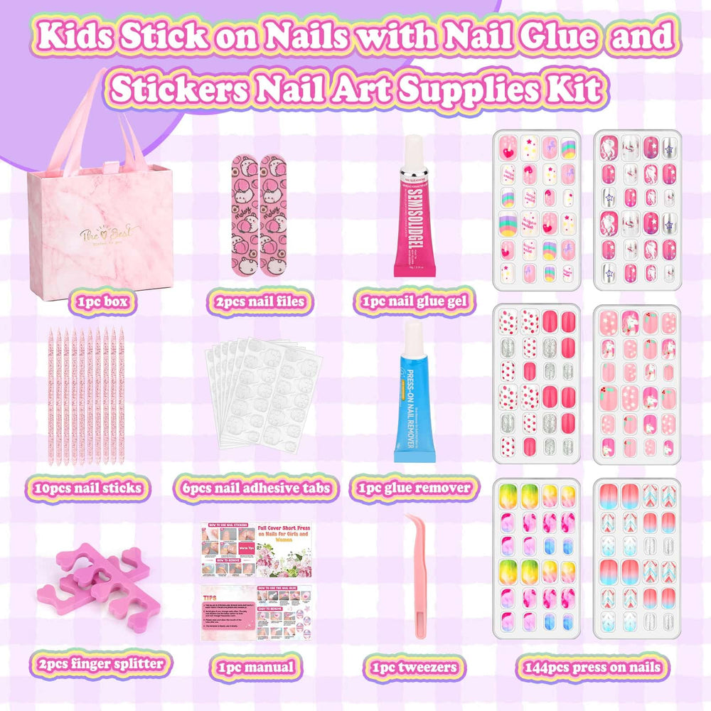 Acejoz colección de 144 piezas, estilos variados para uñas infantiles con diseños divertidos