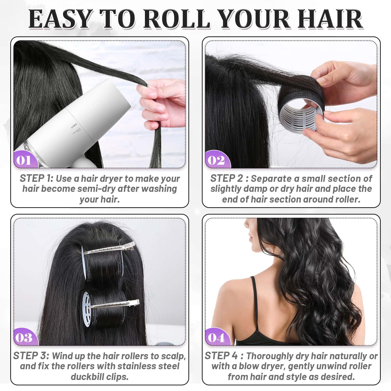 Acejoz styling guide image demonstrates quick, heat-free curling steps