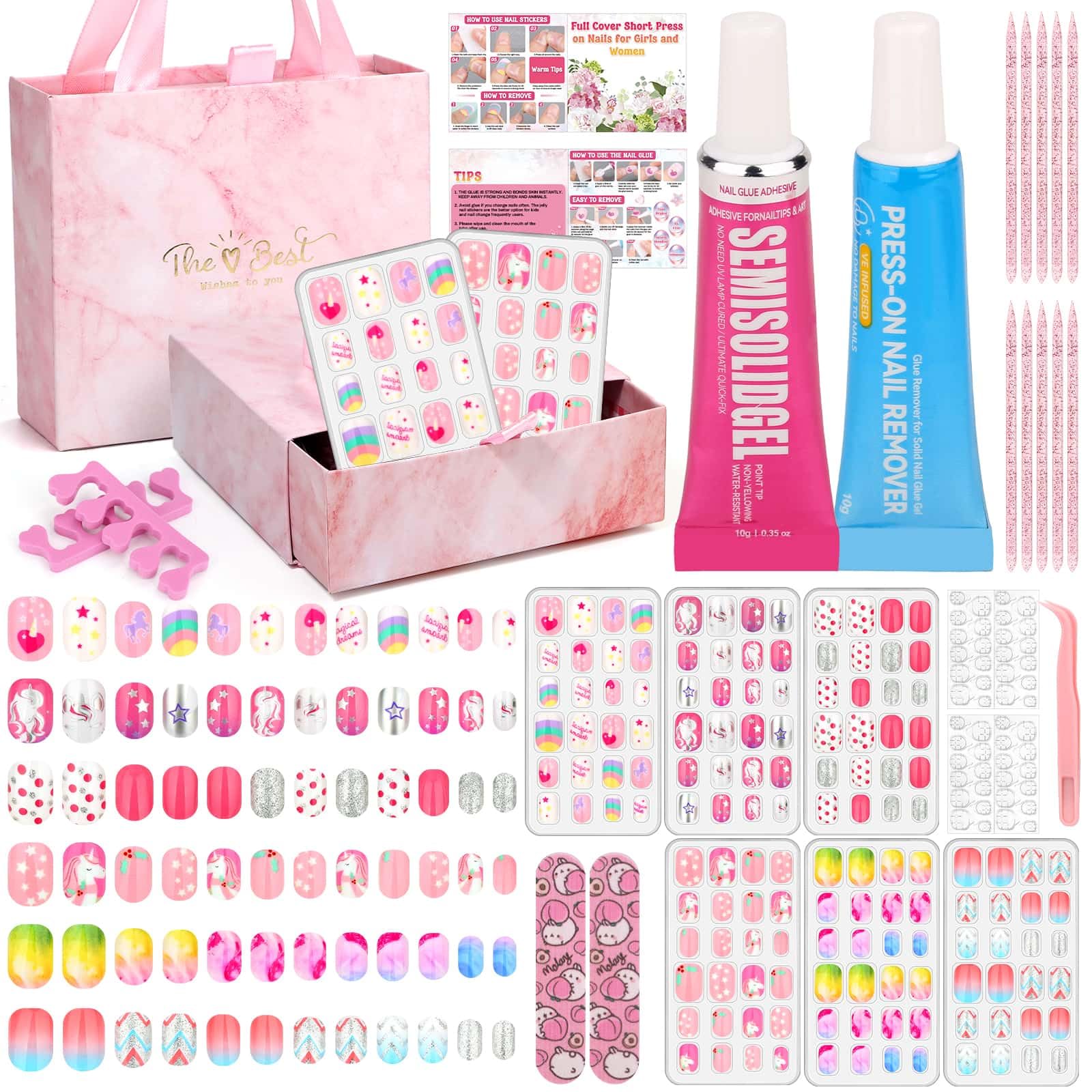 Acejoz uñas postizas para niñas, caja regalo lista para crear uñas divertidas en casa