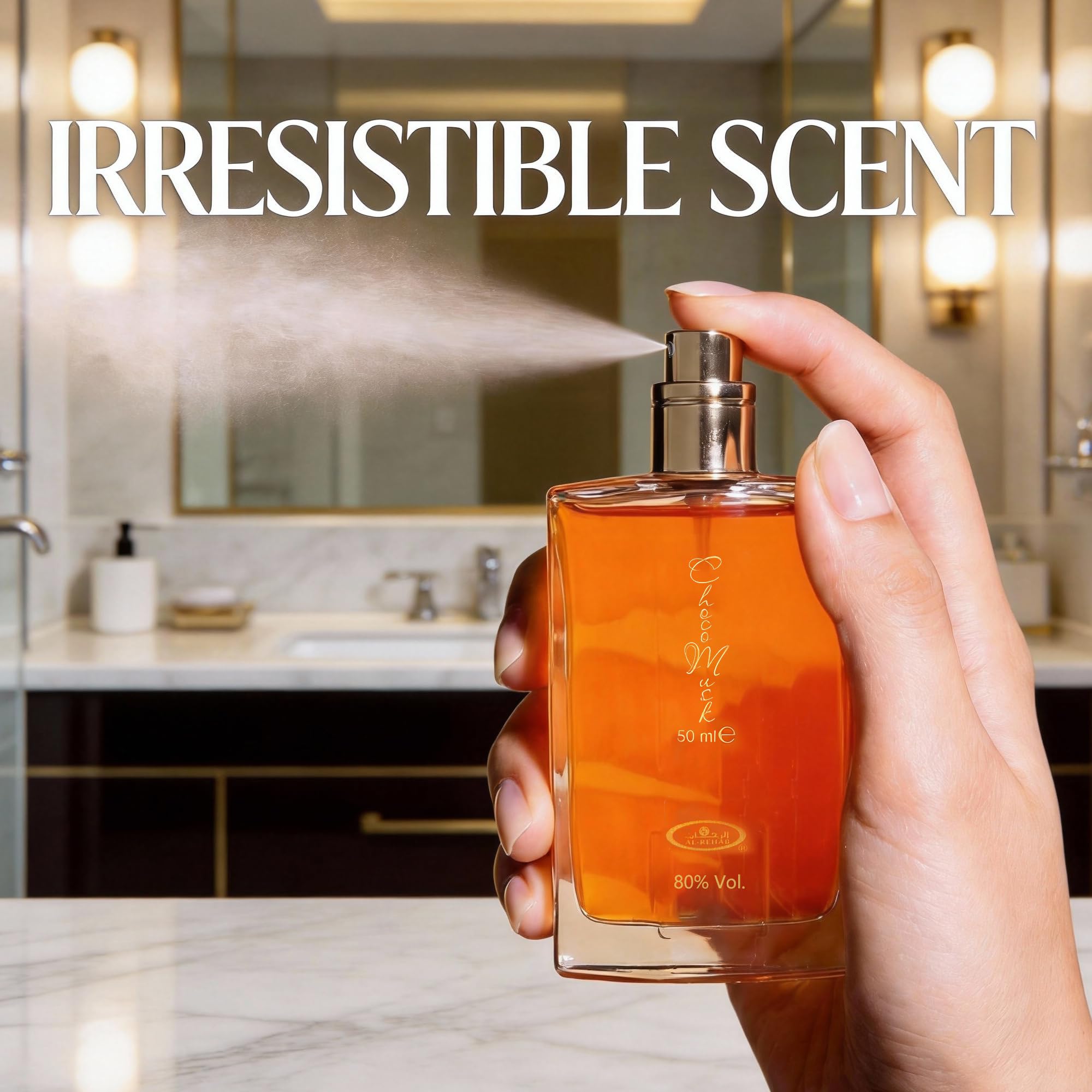 A CENTER Choco Musk note visuals showing vanilla-milk and cinnamon hints for day or night wear.