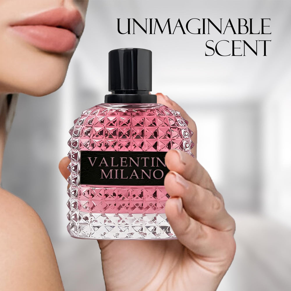 Side view of the perfume packaging and bottle emphasizes branding.