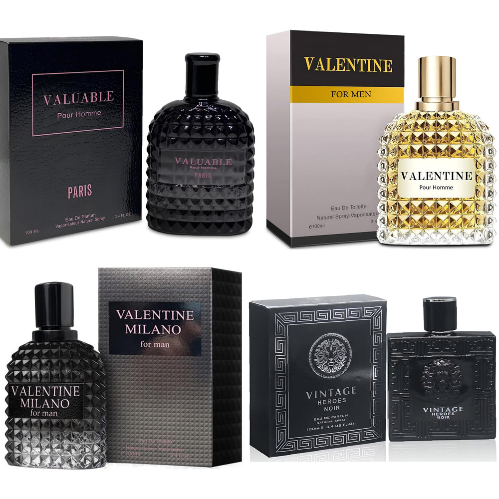 A CENTER Valentine Milano bottle front view, amber floral notes highlighted.