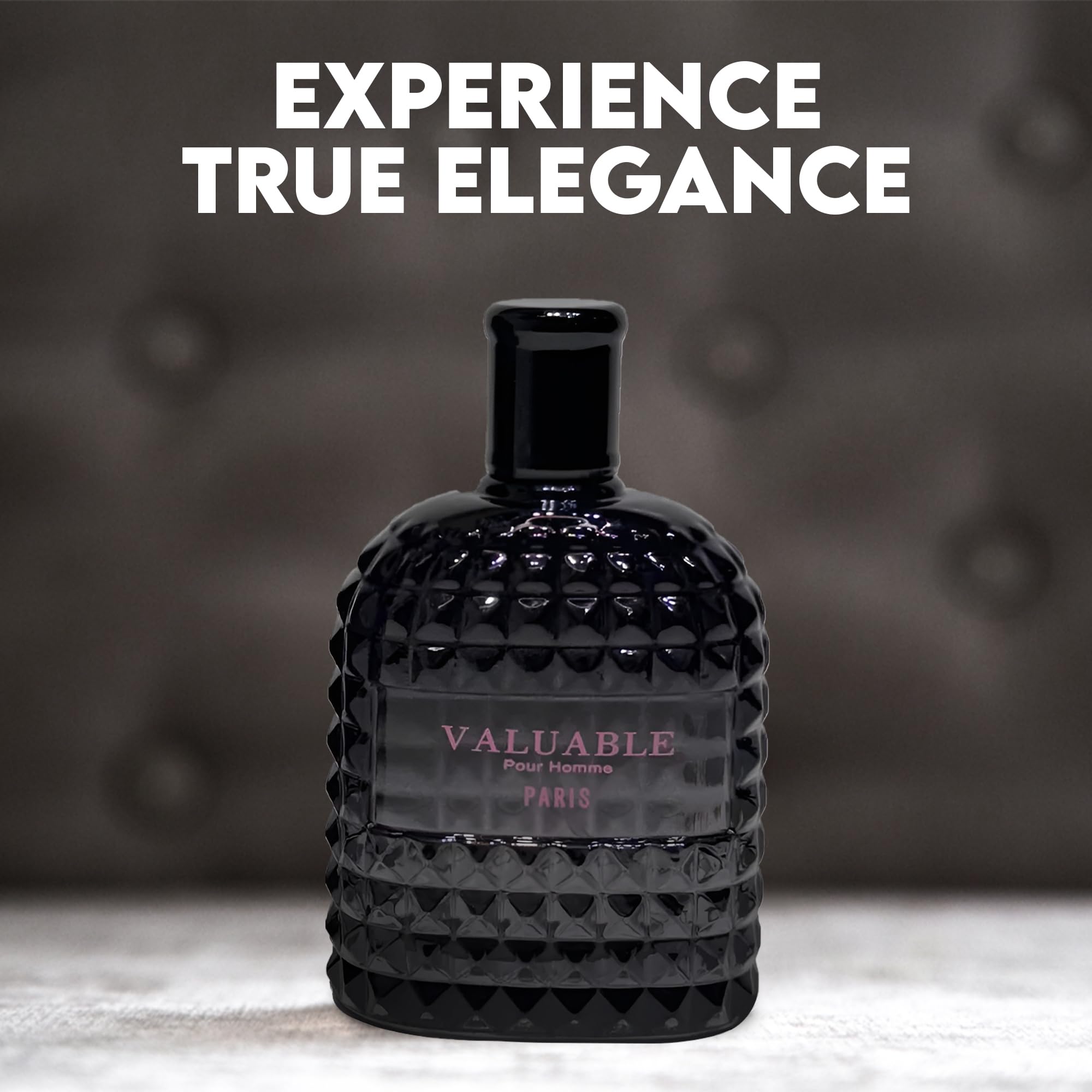 A CENTER Valuable Paris bottle close-up, amber floral with subtle spice.