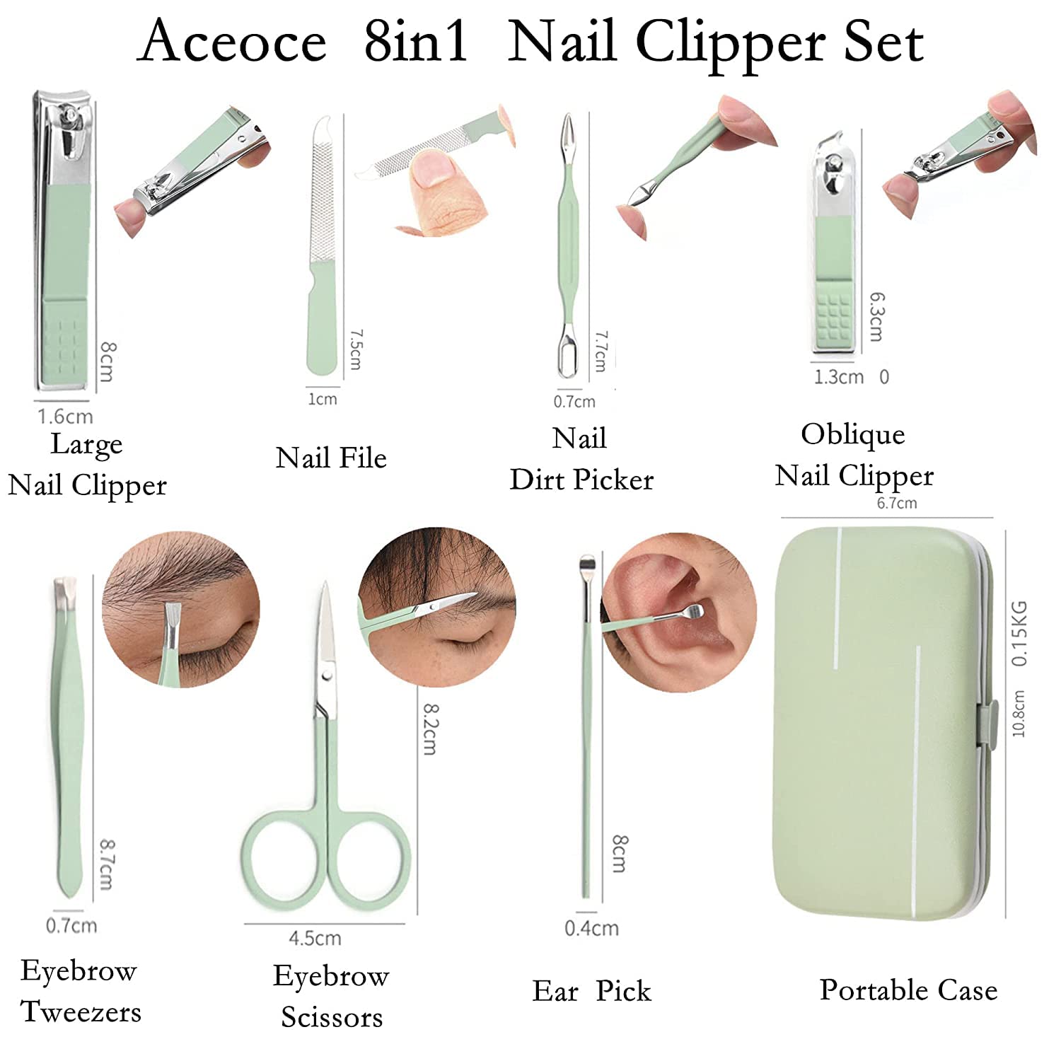 Aceoce manicure tools including scissors, file, and tweezers for complete care.