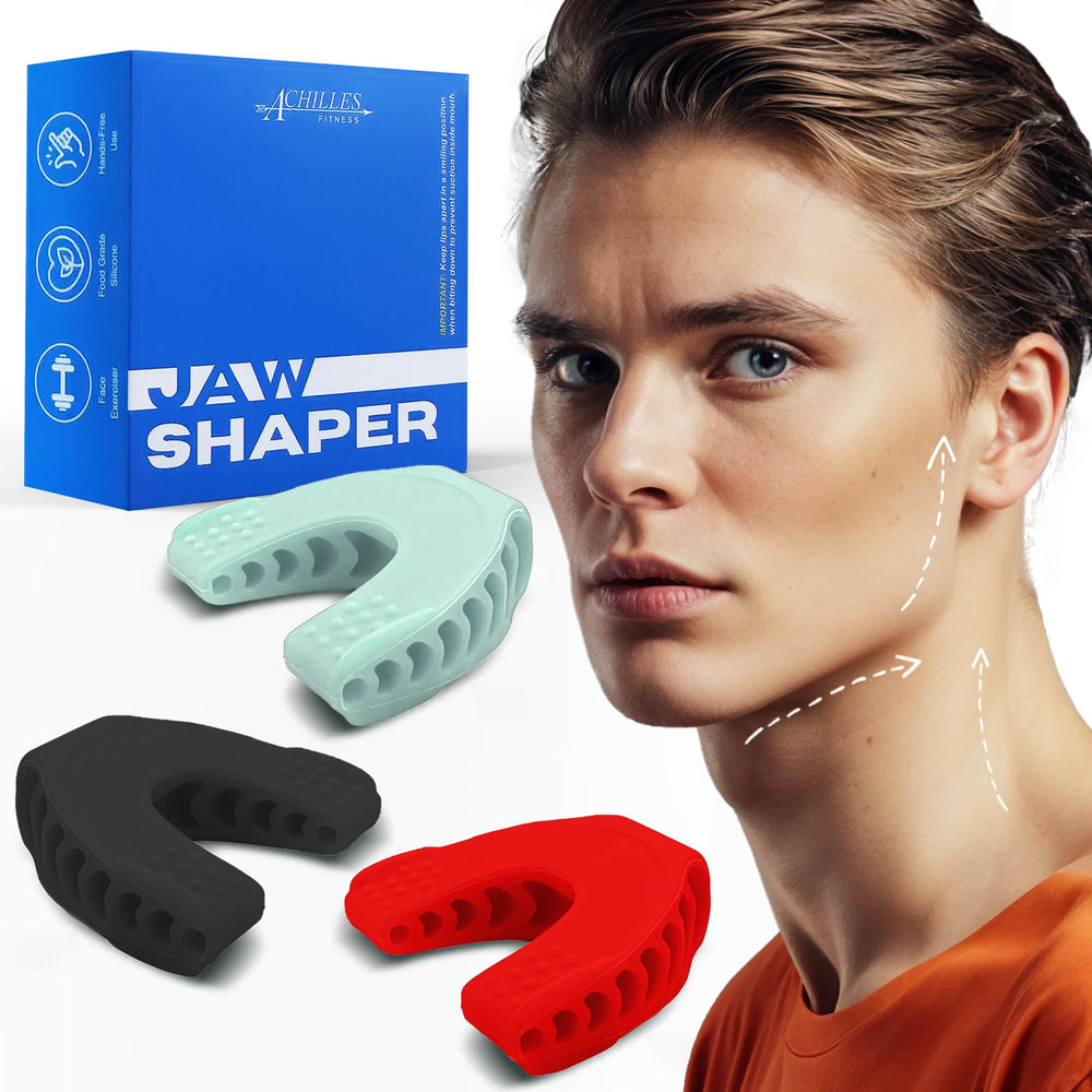 Ejercitador de mandíbula Achilles Fitness azul para definir la línea mandibular.