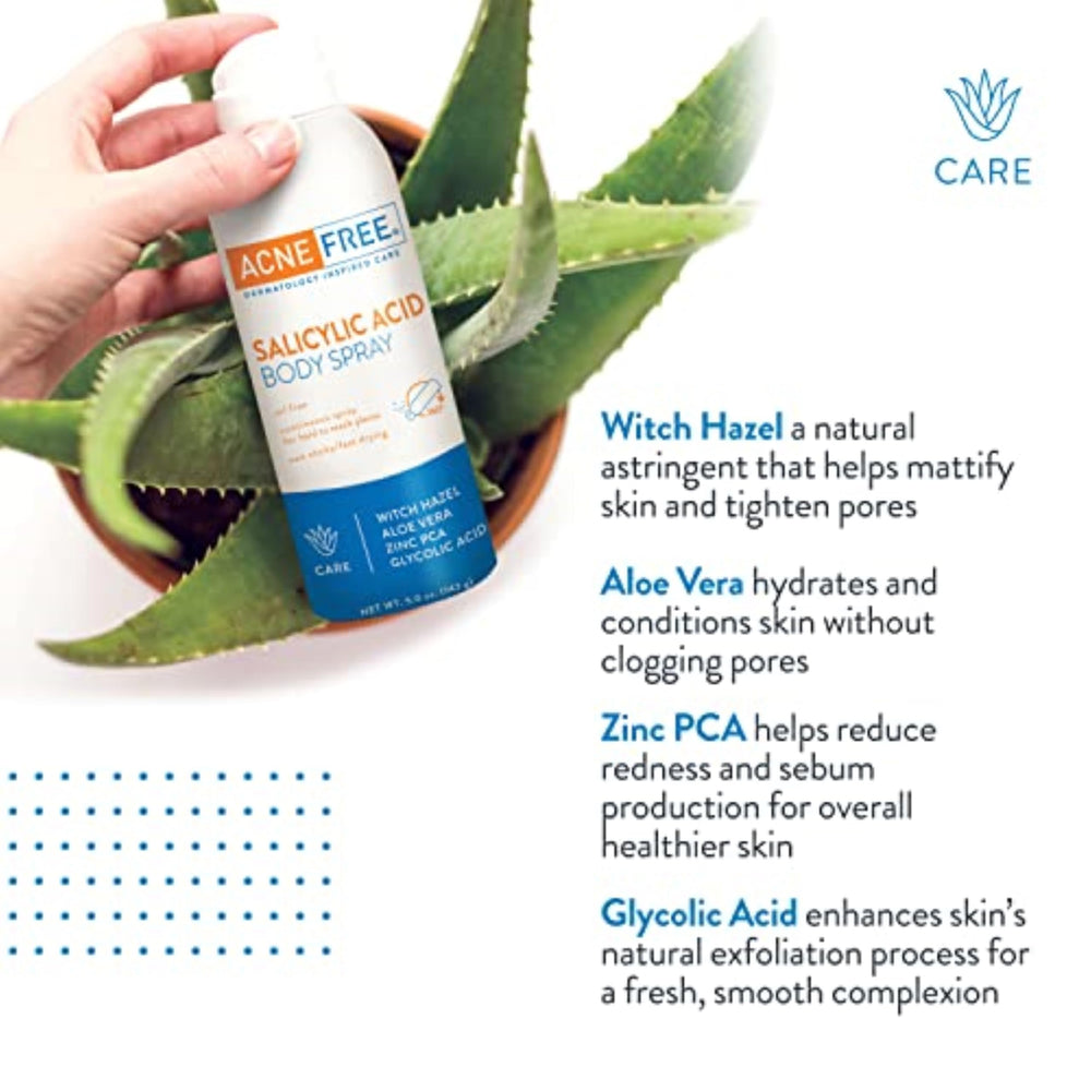 AcneFree Spray Cuerpo: ingredientes como aloe y niacinamida para calmar y nutrir.