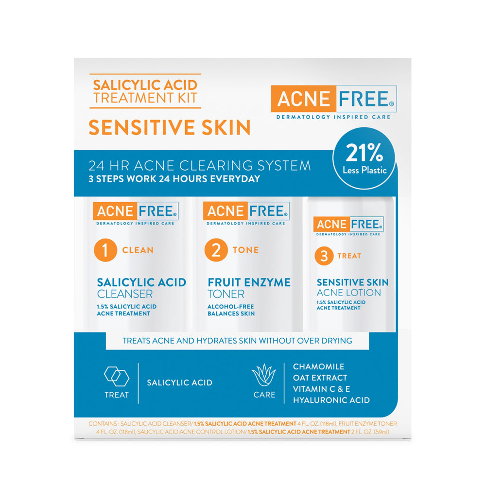 AcneFree set de 3 pasos para piel sensible, rutina clara y cómoda.