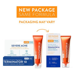 AcneFree Terminator 10 back label explains 10% benzoyl peroxide potency and usage.