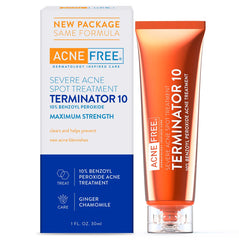 AcneFree Terminator 10 bottle front shows maximum-strength blemish treatment for quick targeted care.