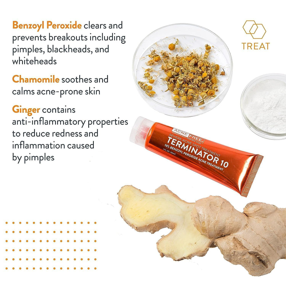 AcneFree Terminator 10 oil-free formula icon highlights suitability for sensitive skin.