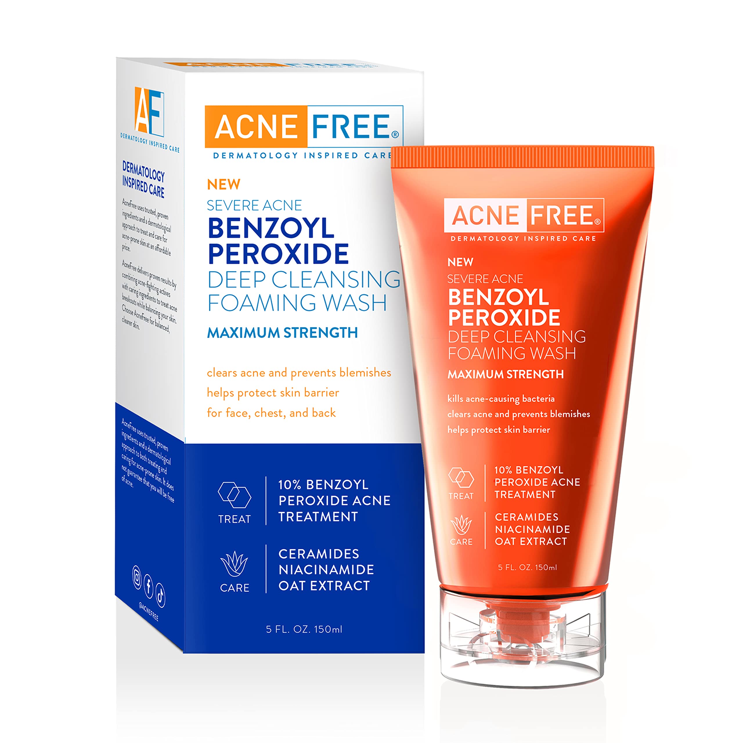 AcneFree Severe Acne wash bottle with 10% benzoyl peroxide for deep pore cleansing.