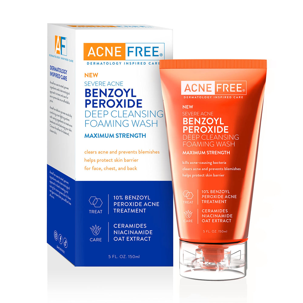 AcneFree Severe Acne wash bottle with 10% benzoyl peroxide for deep pore cleansing.