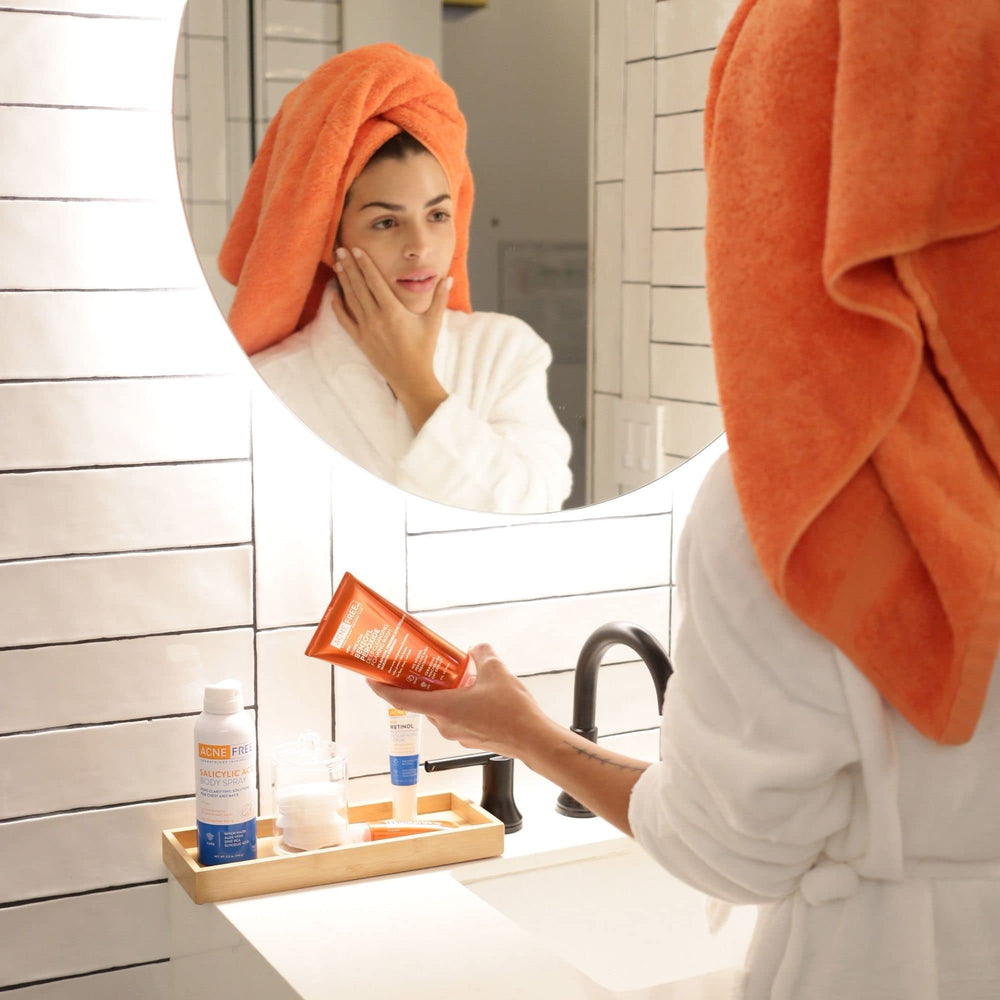 AcneFree Severe Acne wash on sink, convenient for quick morning cleanse.