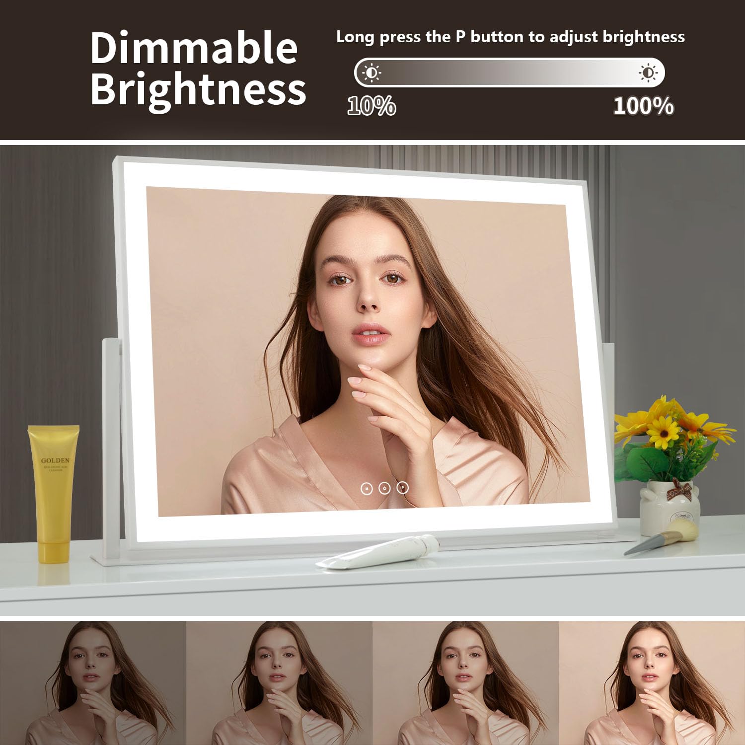 Acoolda LED makeup mirror showing 360° rotation to capture every angle