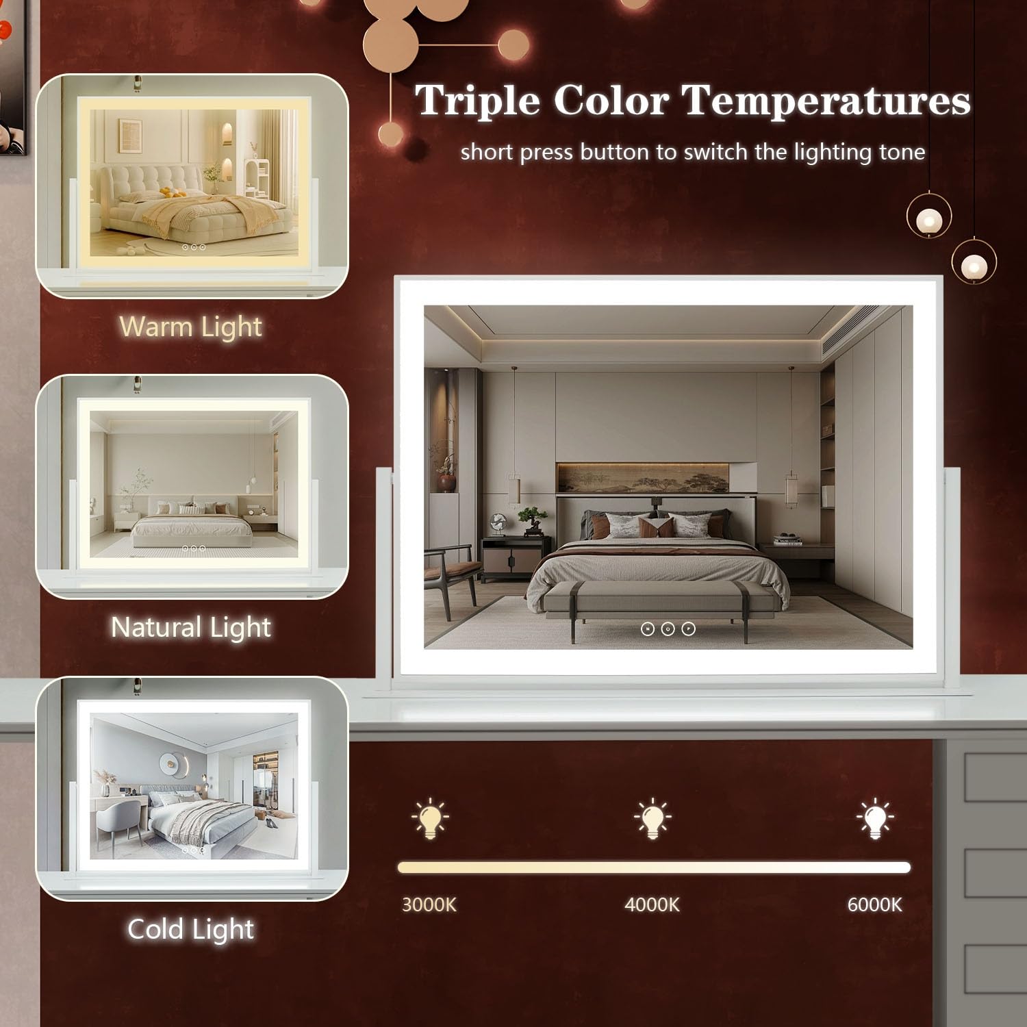 Acoolda vanity mirror with lights displaying warm, white, and natural color modes for accurate tones