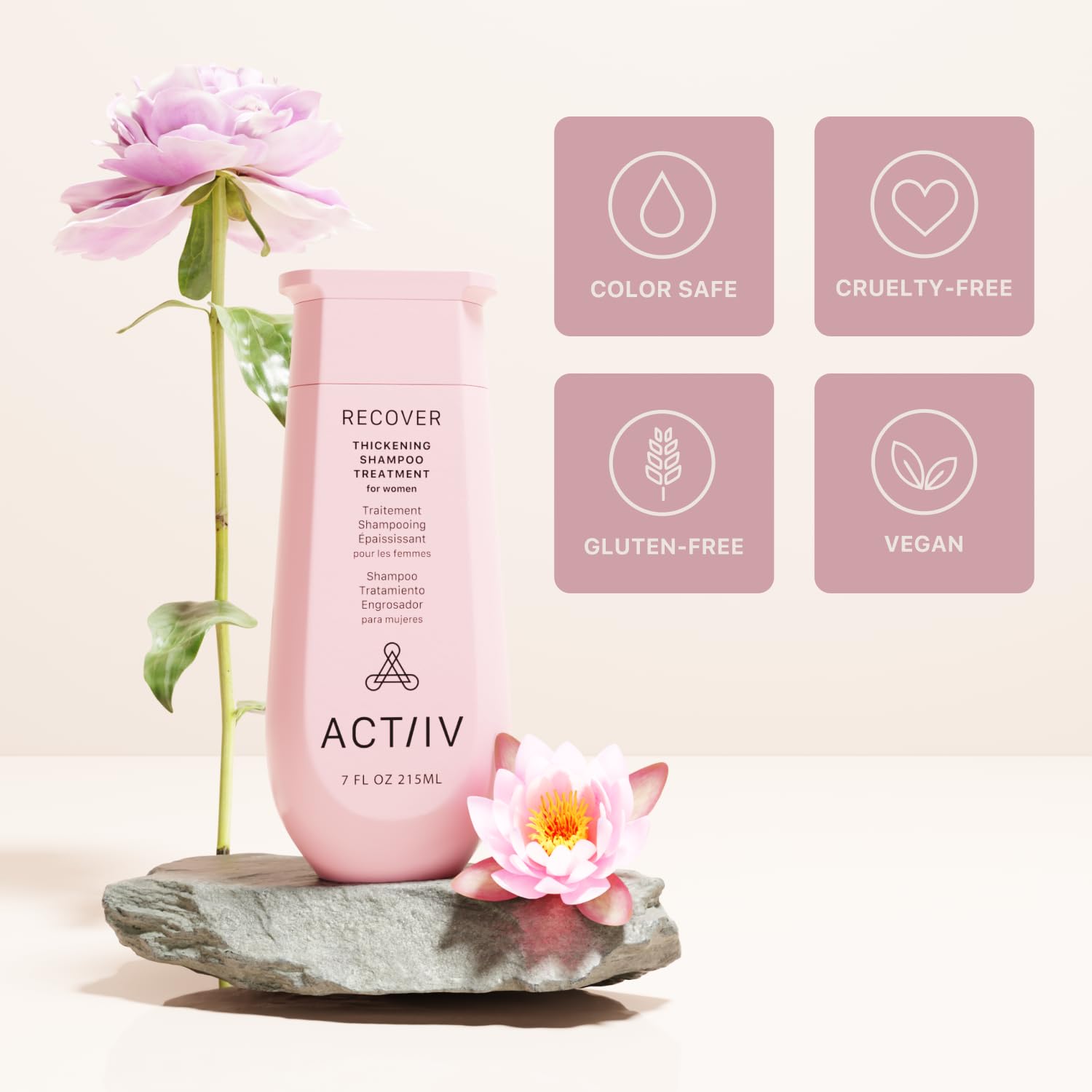 ACTIIV Recover thickening shampoo hair closeup emphasizes shine and natural body.