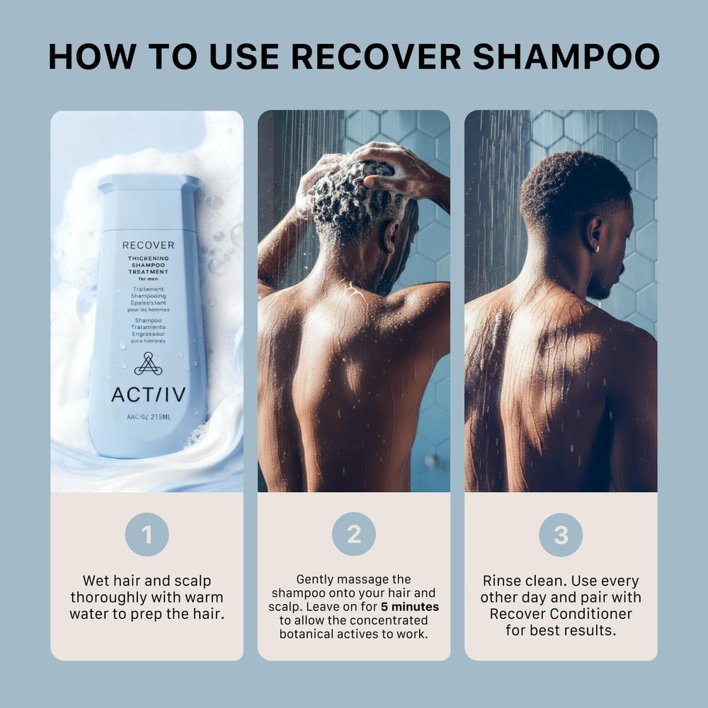 ACTIIV Recover Thickening Shampoo hair closeup showcases thicker-looking strands
