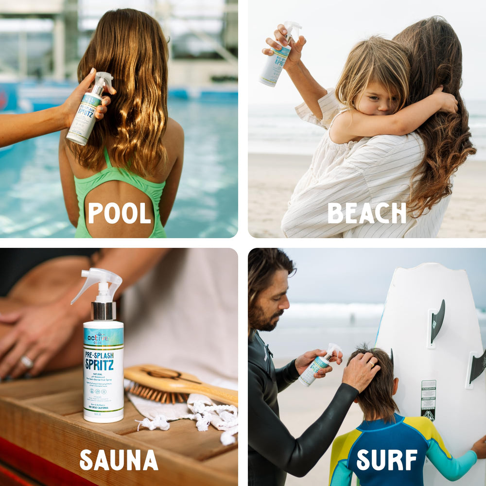 Active COCO Pre-Swim routine on beach-ready hair during a sunny day.