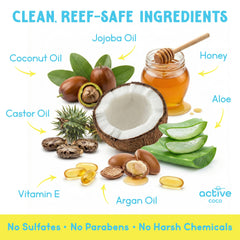 Active COCO Pre-Swim ingredients highlight coconut oil and jojoba for nourishment.