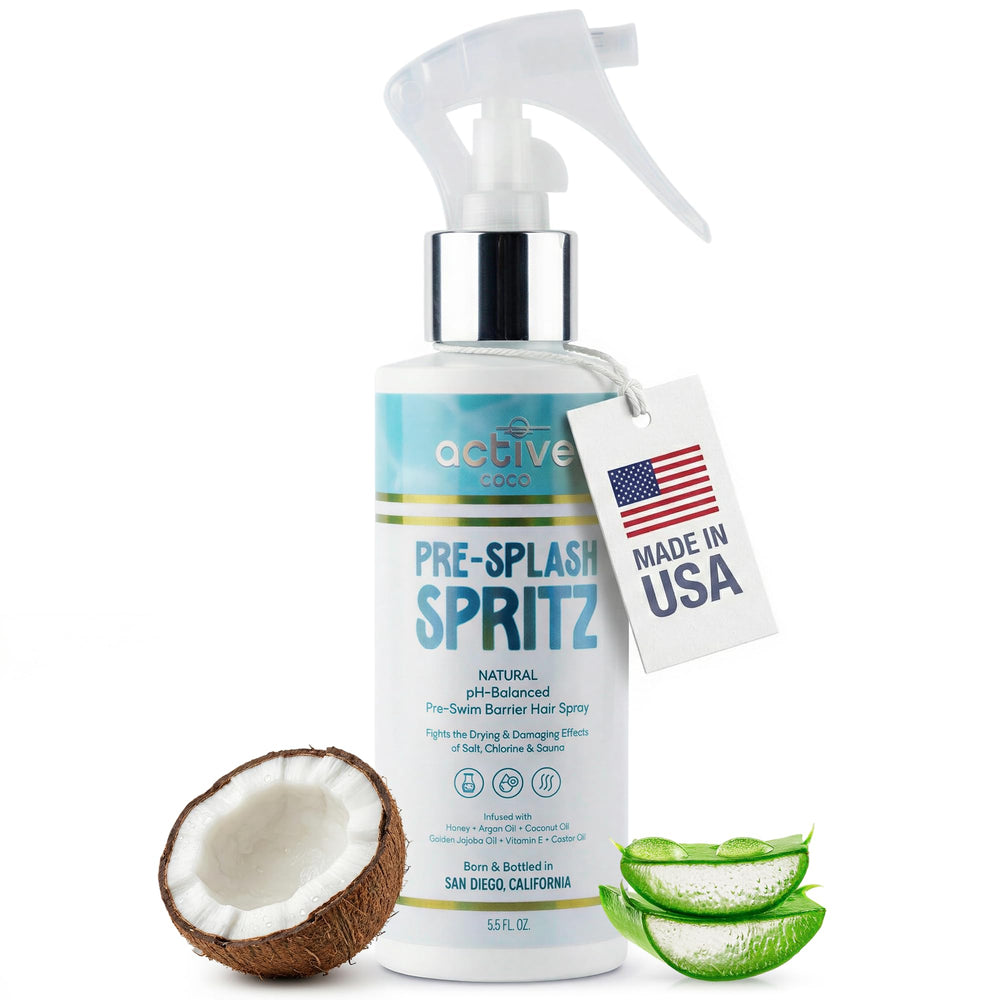 Active COCO Pre-Swim spray bottle shows lightweight protection before swimming.