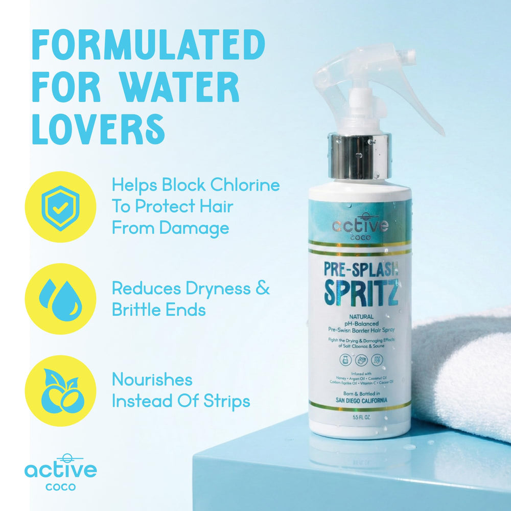 Active COCO Pre-Swim spray mist on hair demonstrates quick absorption.
