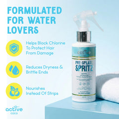 Active COCO Pre-Swim spray mist on hair demonstrates quick absorption.