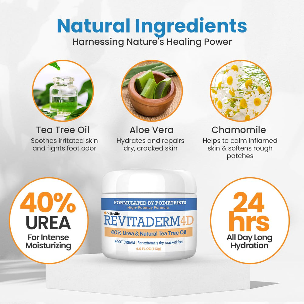 Uso diario de Revitaderm para pies y áreas secas con cuidado suave.