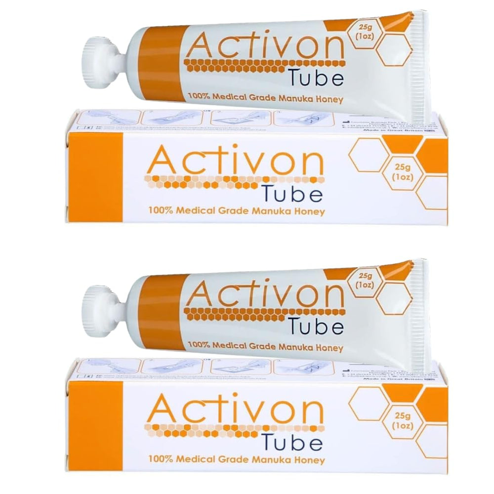ActivOn two-pack Manuka honey gel tubes, front view, ready for natural wound care and cleaning.