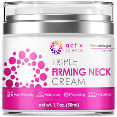 ACTIVSCIENCE Neck Firming Cream tube close-up showcasing a hydrating, firming formula for neck and face