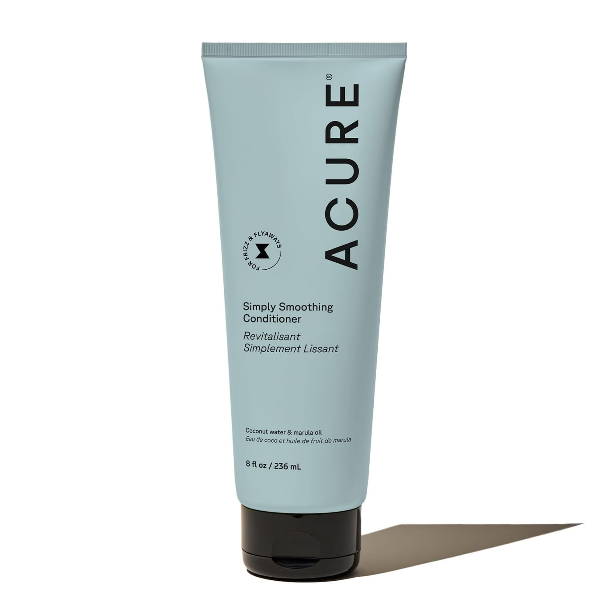 Acure acondicionador alisado simple, botella visible, hidrata suavemente cabello seco.