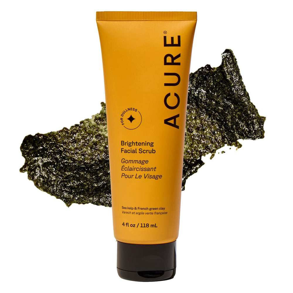 Acure Brightening Facial Scrub envase 4 oz, exfoliación suave para piel diaria.