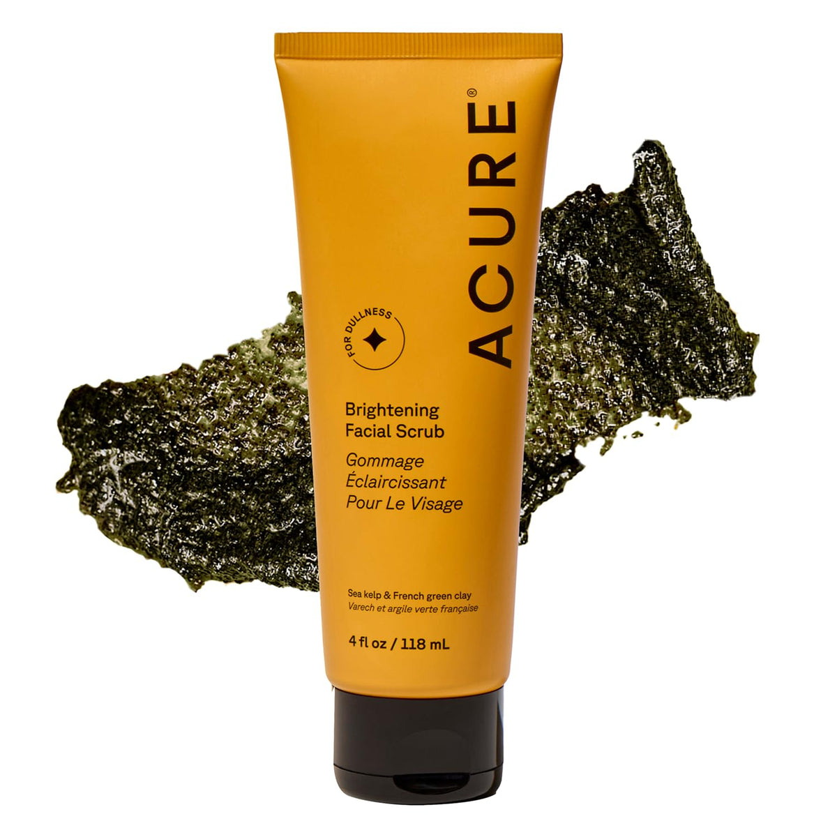 Acure Brightening Facial Scrub envase 4 oz, exfoliación suave para piel diaria.