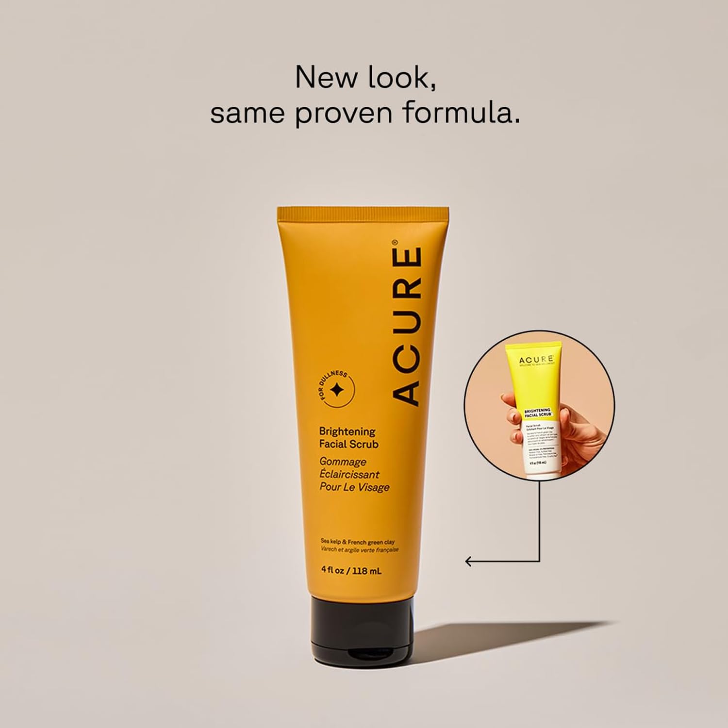 Acure Brightening Facial Scrub, textura suave para limpieza que revitaliza la piel.