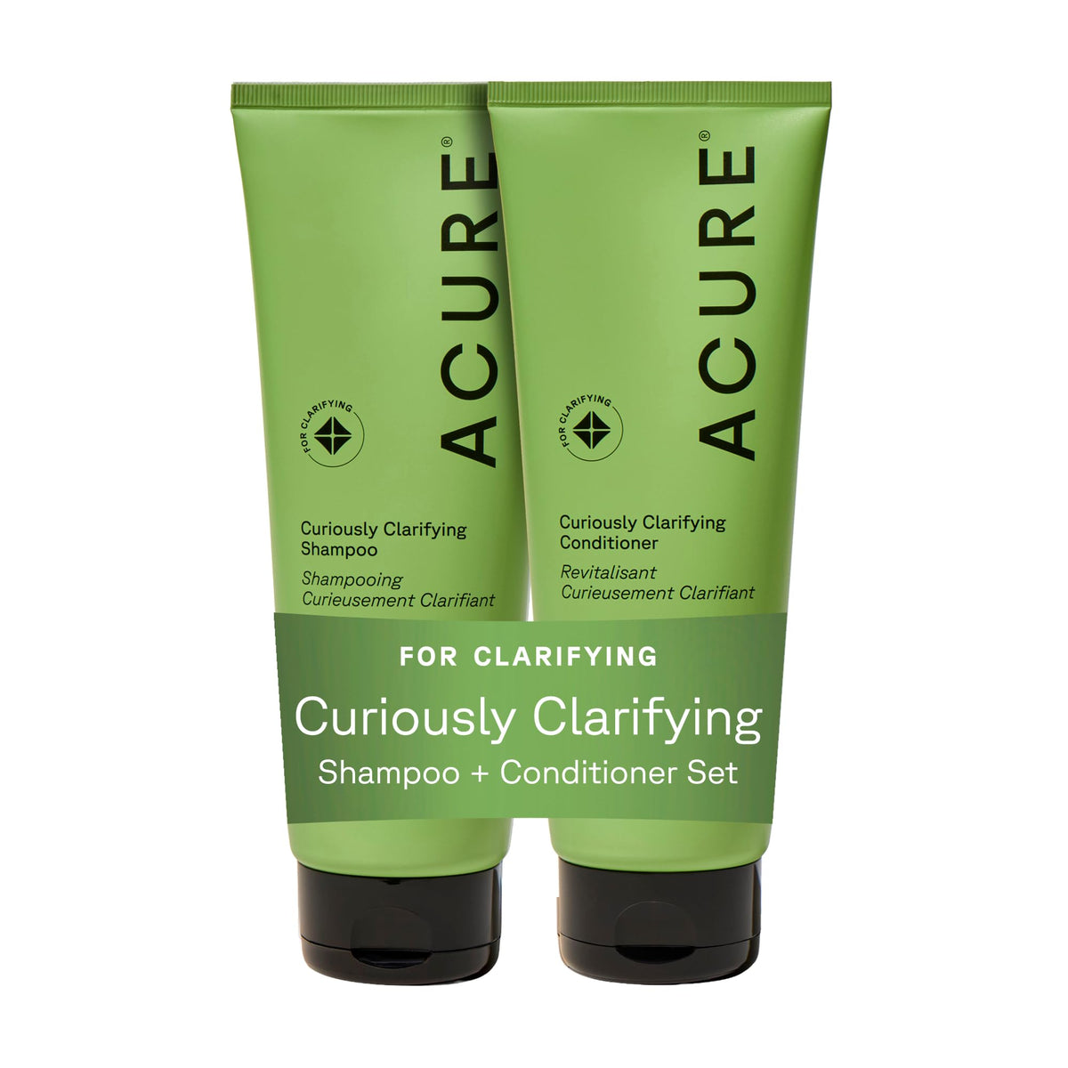 Acure Curiously Clarifying Shampoo bottle detoxifies buildup on oily hair.