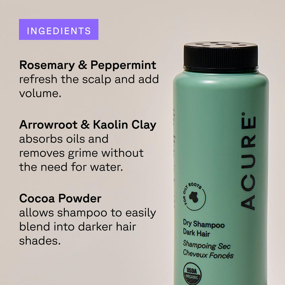 Acure Dry Shampoo aroma cacao romero: fragancia natural y limpieza suave.