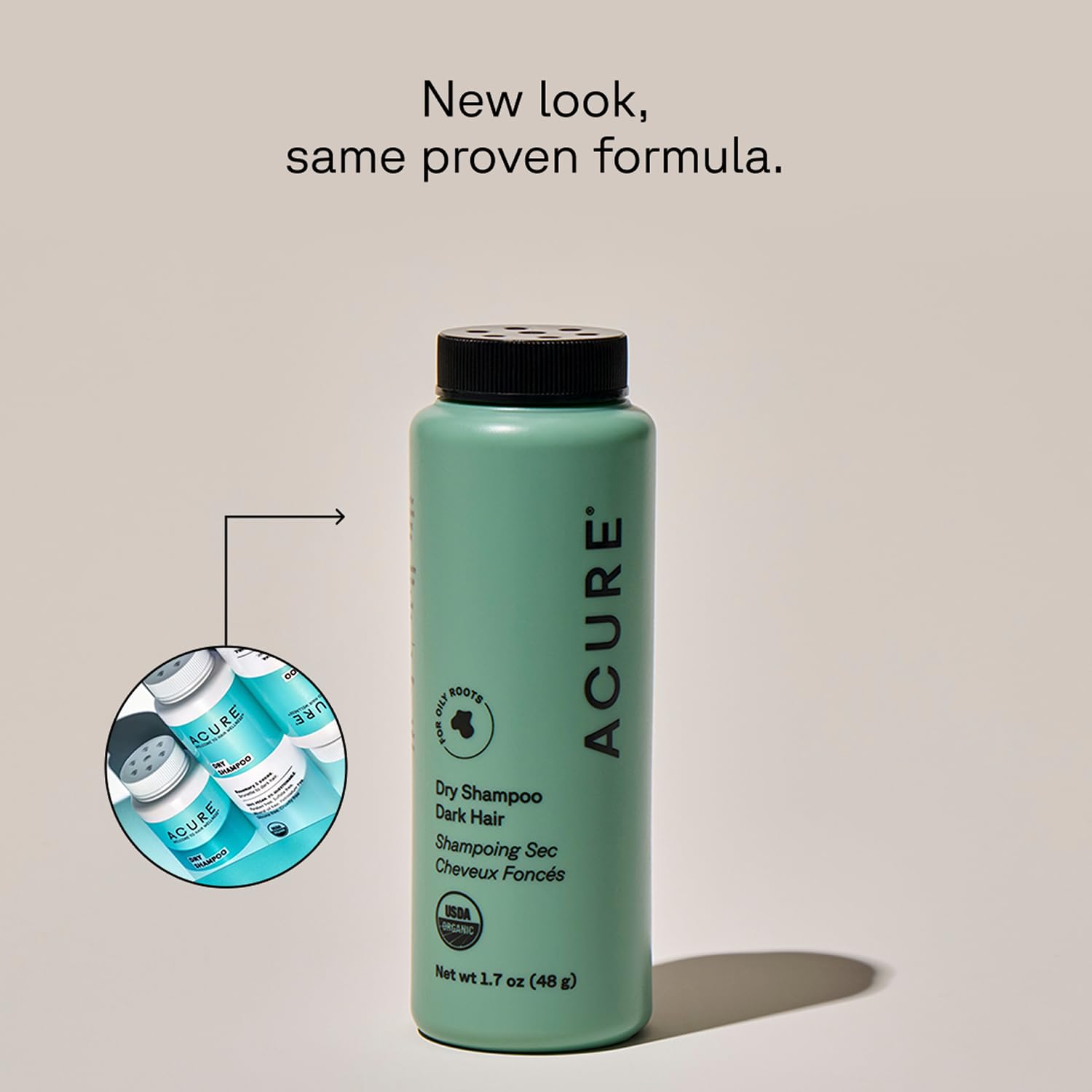 Acure Dry Shampoo para cabello oscuro: aplicación rápida para refrescar sin agua.