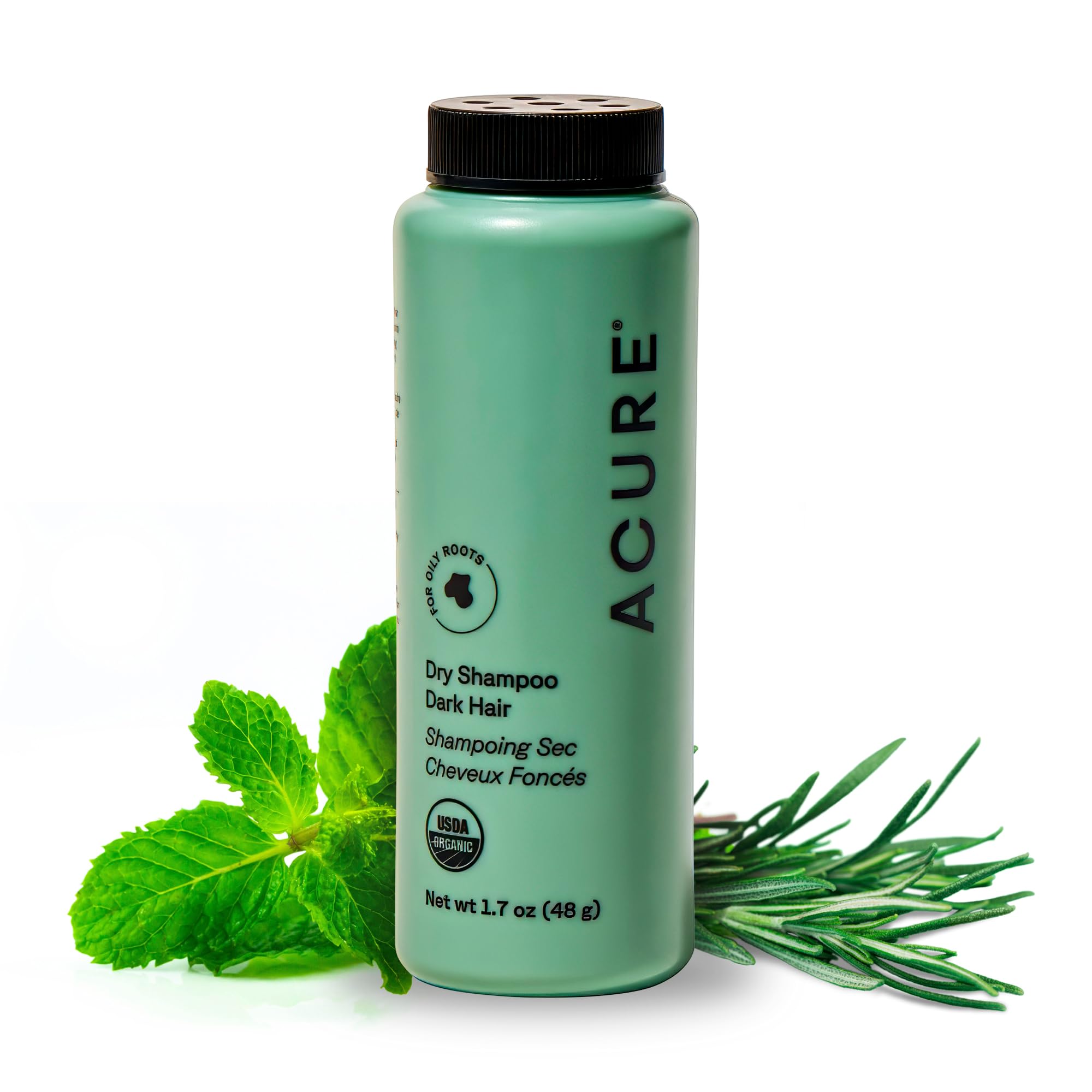 Acure Dry Shampoo en botella realza tono castaño y brillo natural.