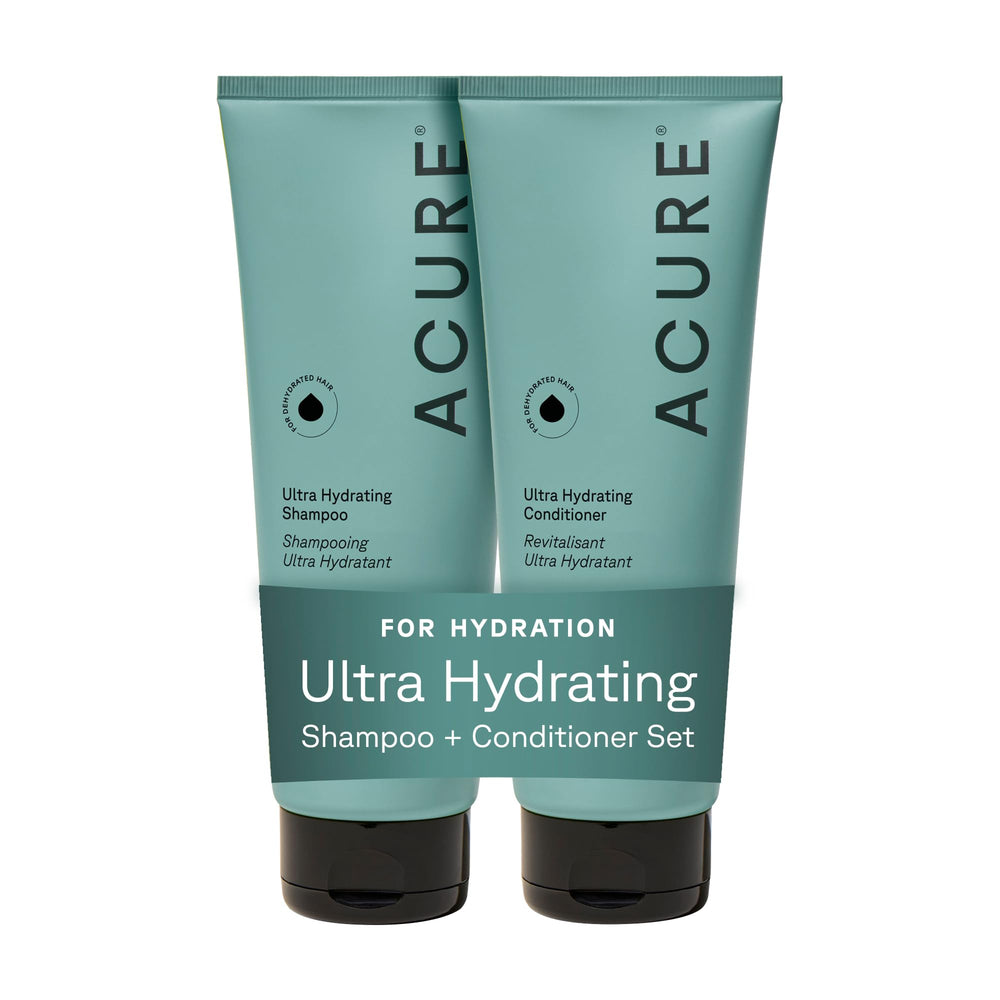 Set de champú y acondicionador Acure Ultra Hidratante para cabello suave y manejable.
