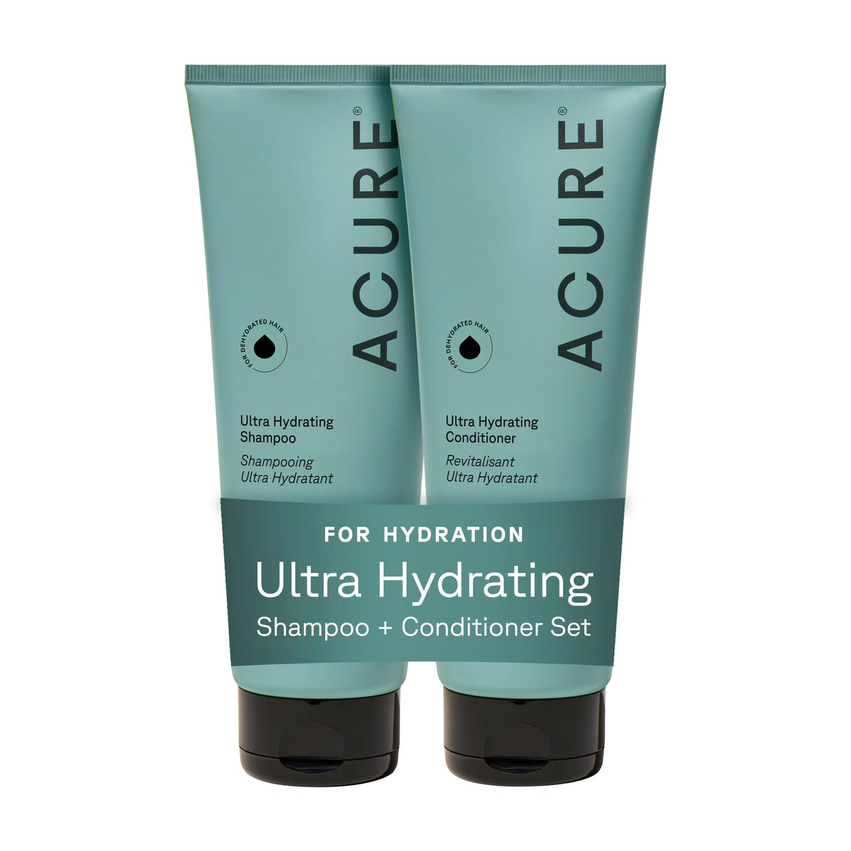 Set de champú y acondicionador Acure Ultra Hidratante para cabello suave y manejable.
